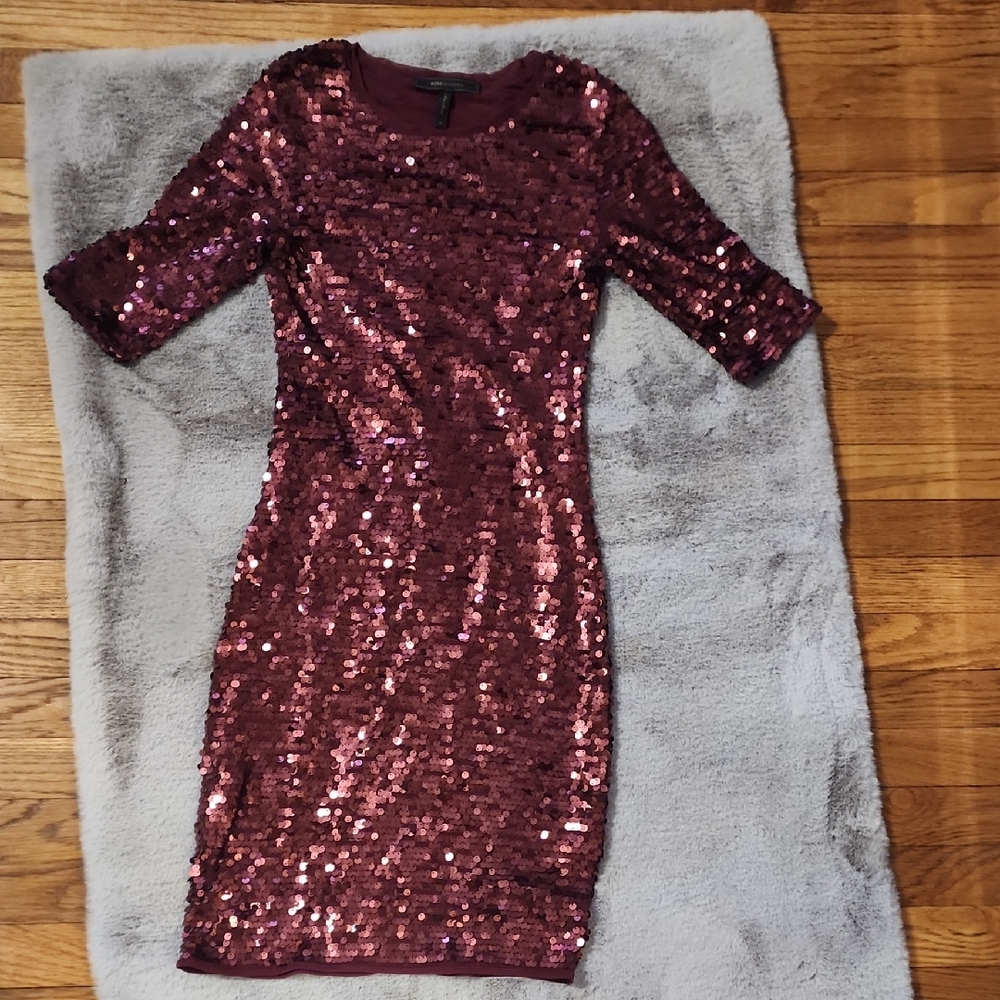 BCBGMaxAzria Burgundy Sequin Long Sleeve Dress
